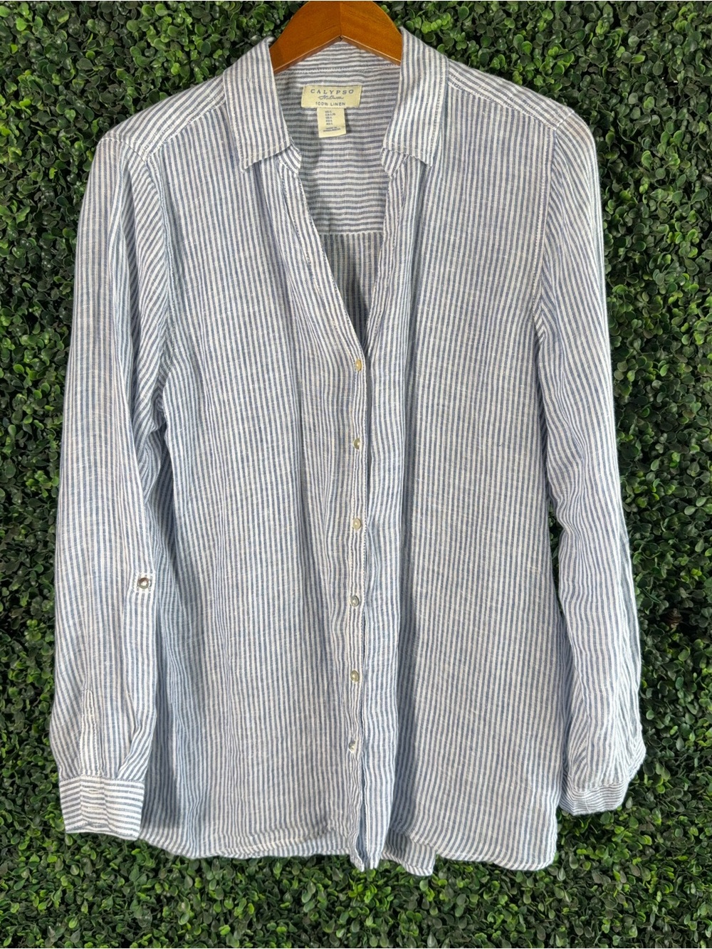 Calypso St. Barth Linen Button Down Shirt Blue White Stripe Large - Picture 2 of 7